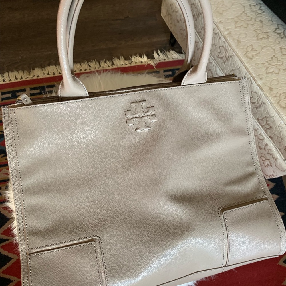 Tory Burch Ella Leather French Gray Canvas Tote